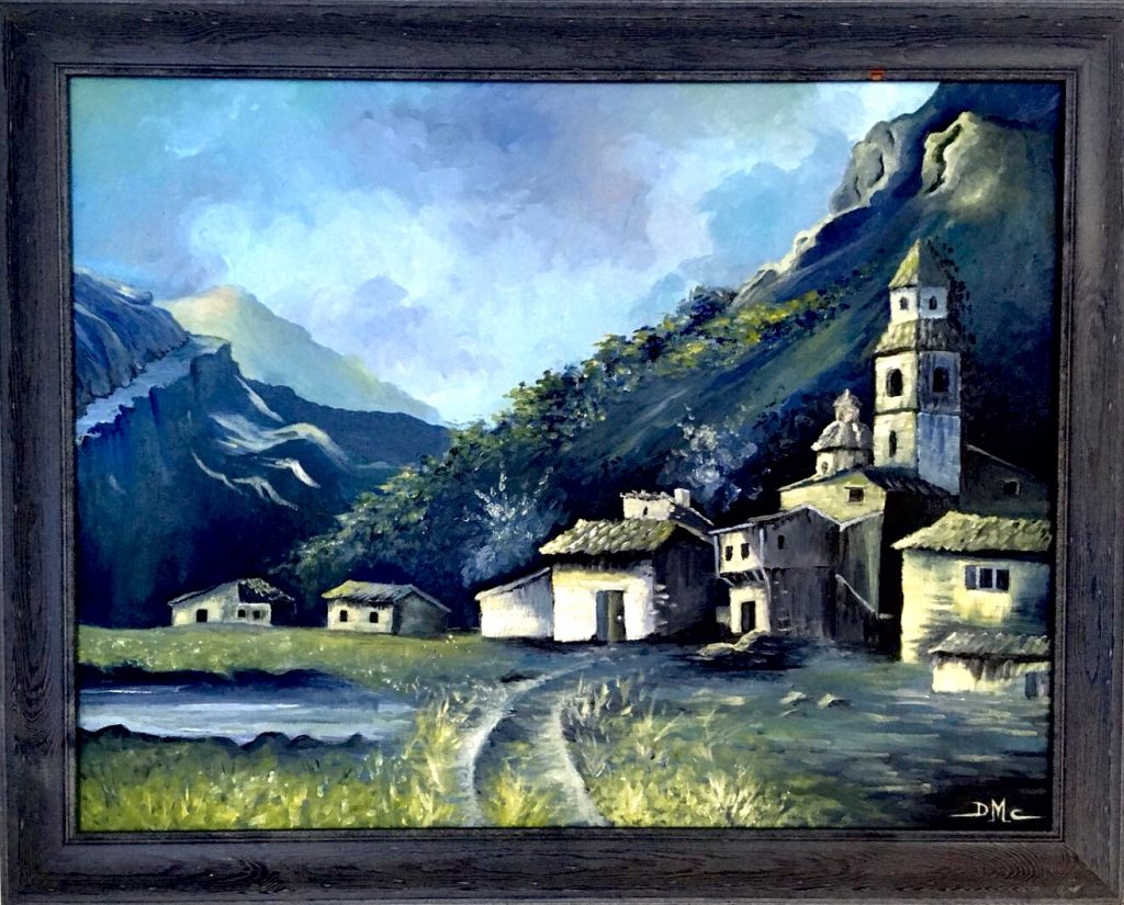 Pintura de David Marcelo de un pueblo azul